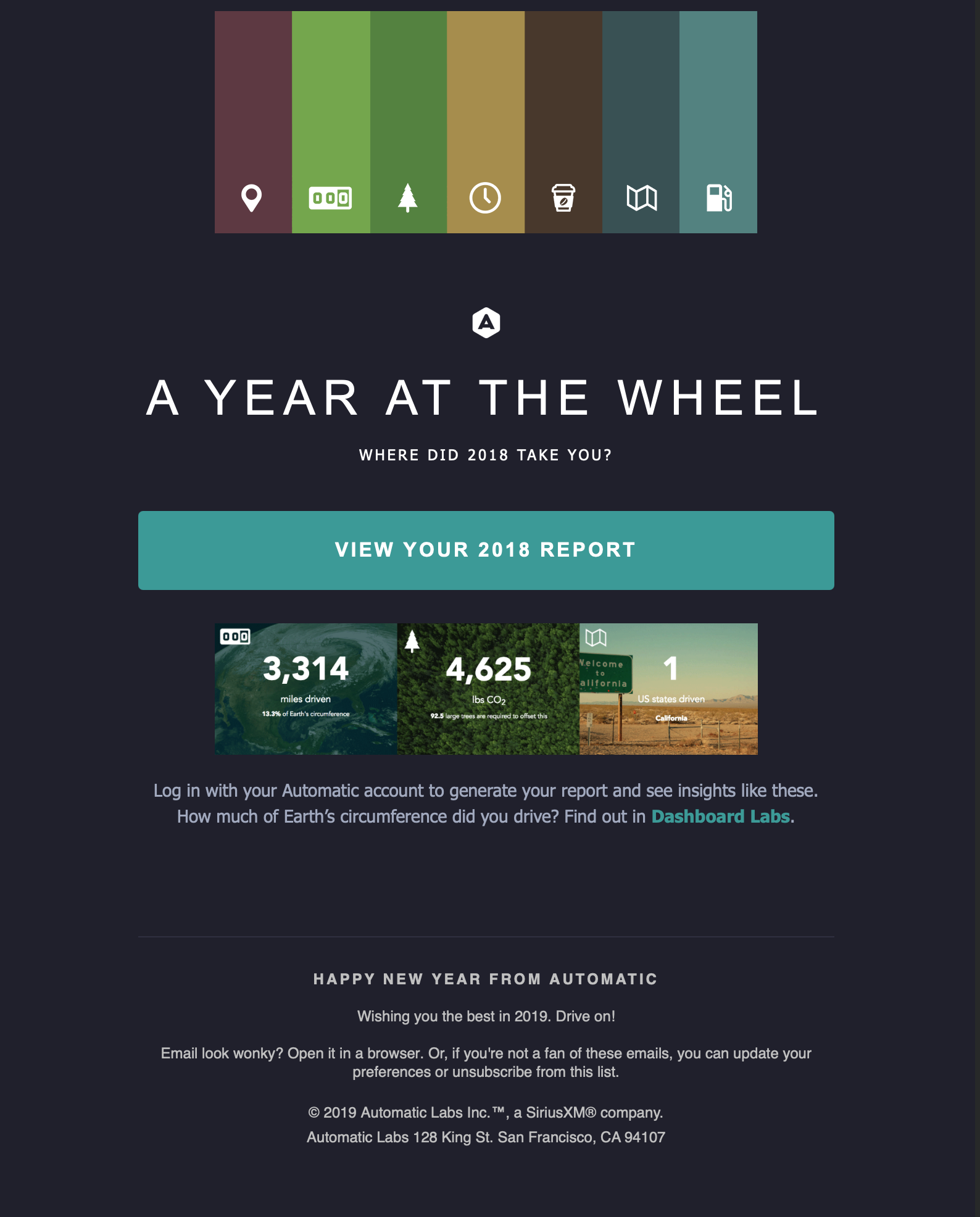Automatic 2018 yearly driving report showing 3,314 miles