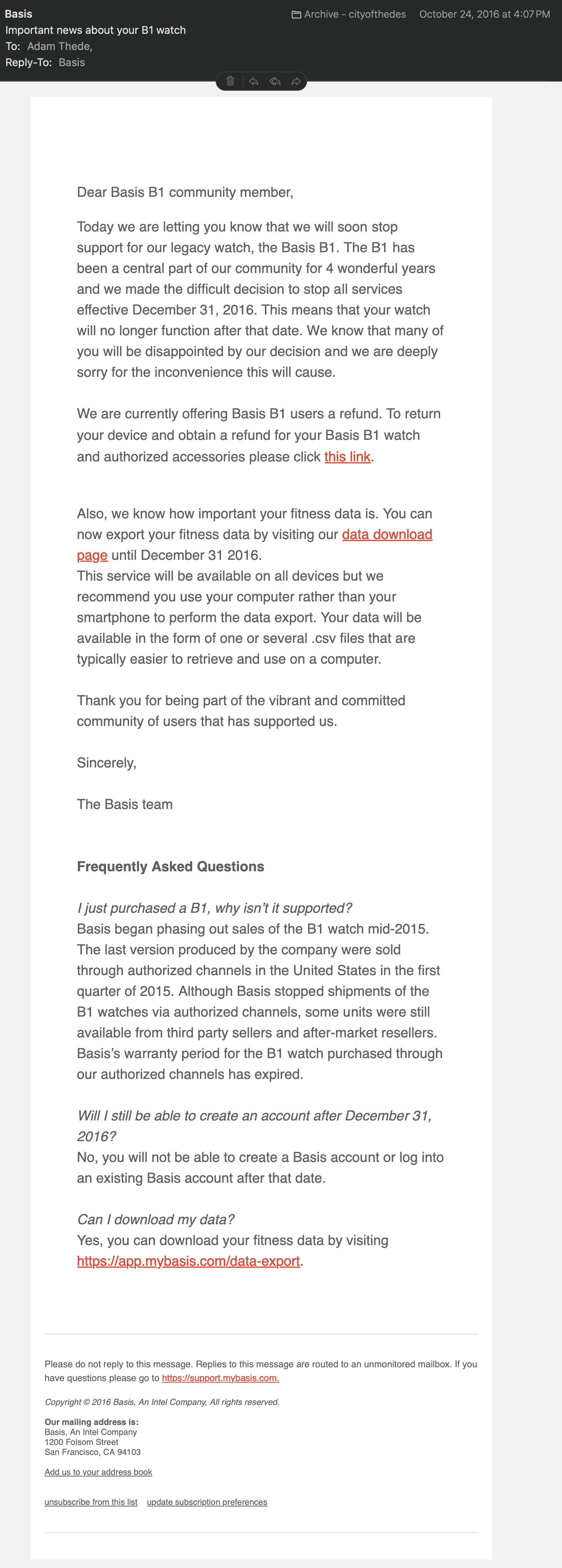 Basis B1 shutdown notice from Intel
