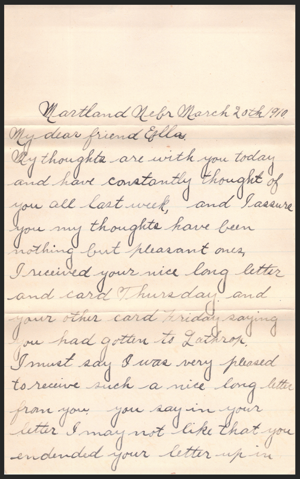 A handwritten letter from 1910 beginning with "My dear friend Ella"