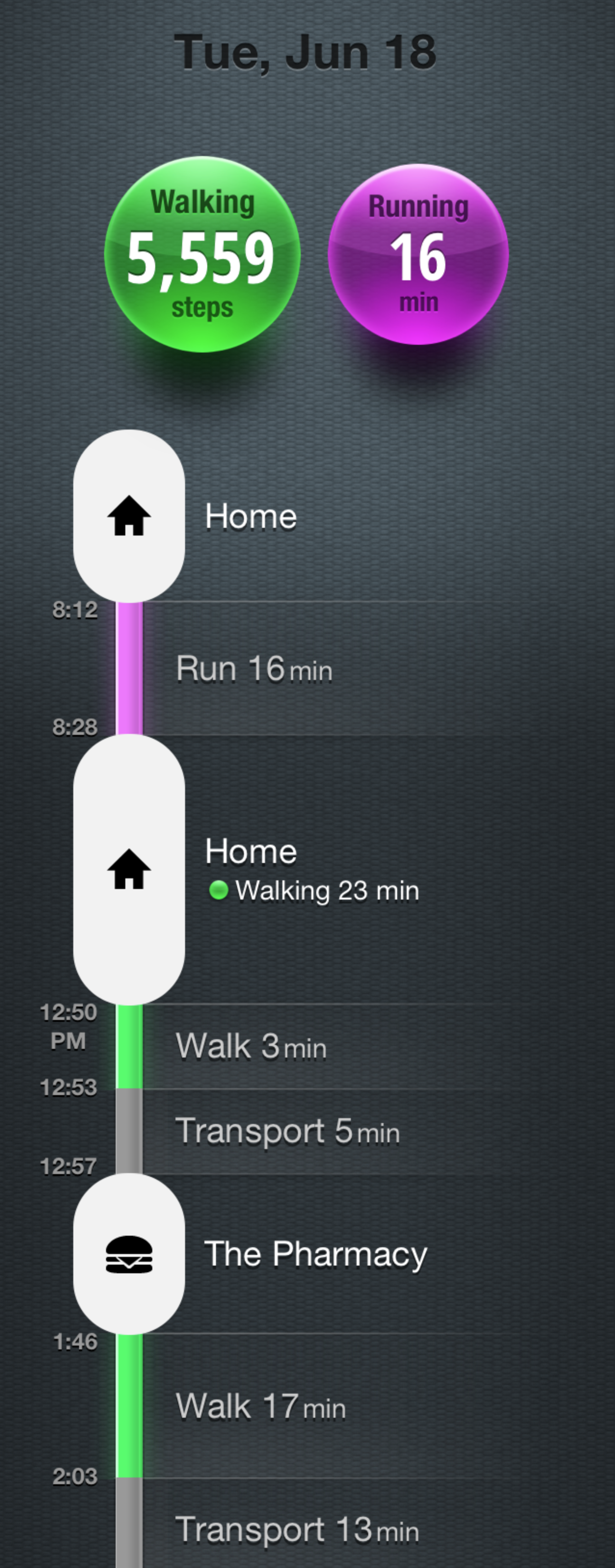 Moves app showing daily movement patterns on a map