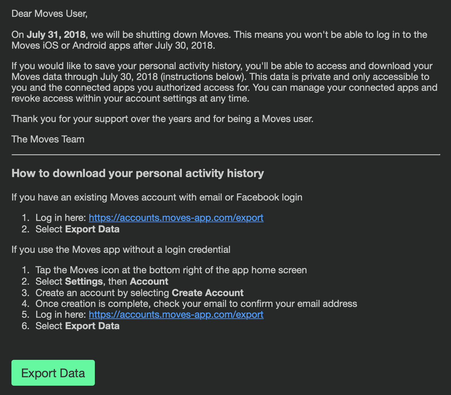 Email announcing the shutdown of Moves
