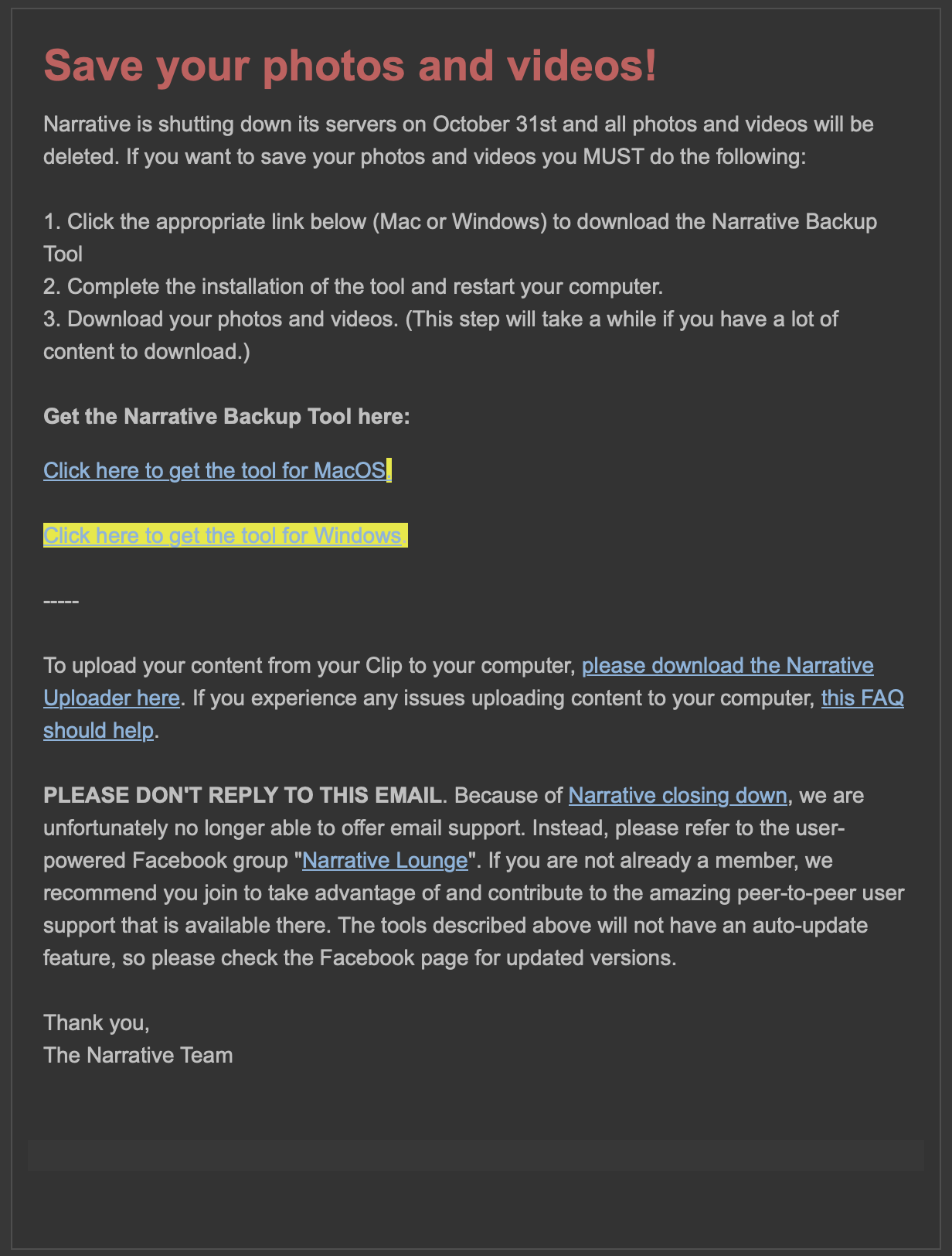 Narrative Clip shutdown notice