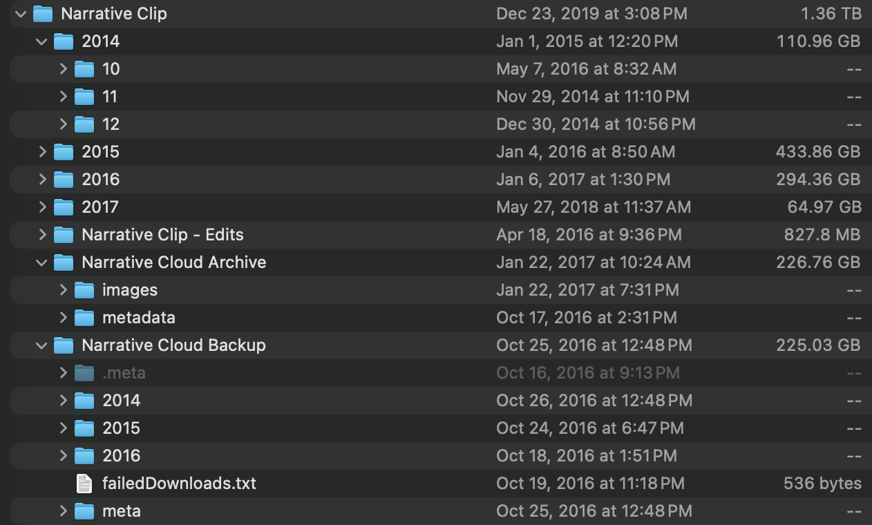 Finder window showing 1.36 TB of Narrative Clip photos organized by year